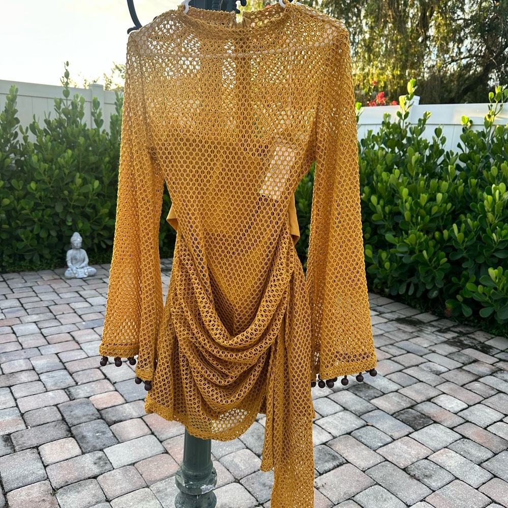 Andrea Iyamah Mustard Yellow Crochet Dress